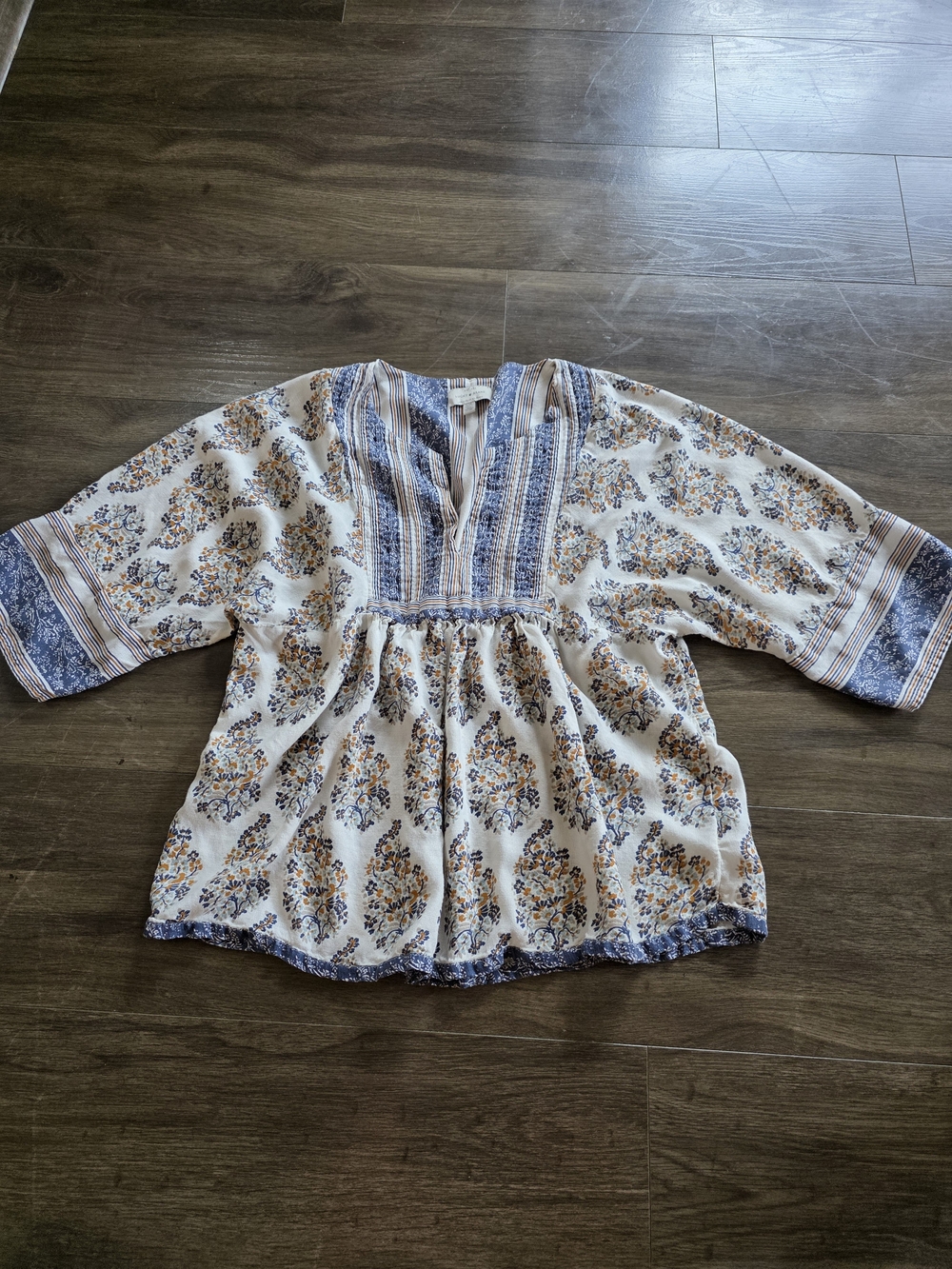Lucky Brand Boho Floral Tunic Top Embroidered Yoke 3/4 Sleeve Viscose Size L